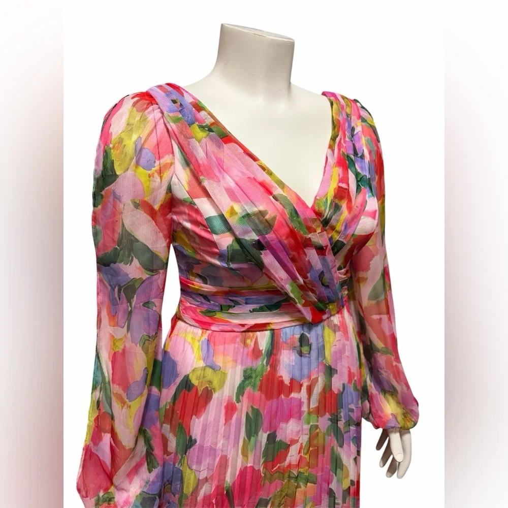 NWT Betsy & Adam Size 8 Floral Long Sleeve Cold Shoulder Pleated Gown Formal - Picture 5 of 12